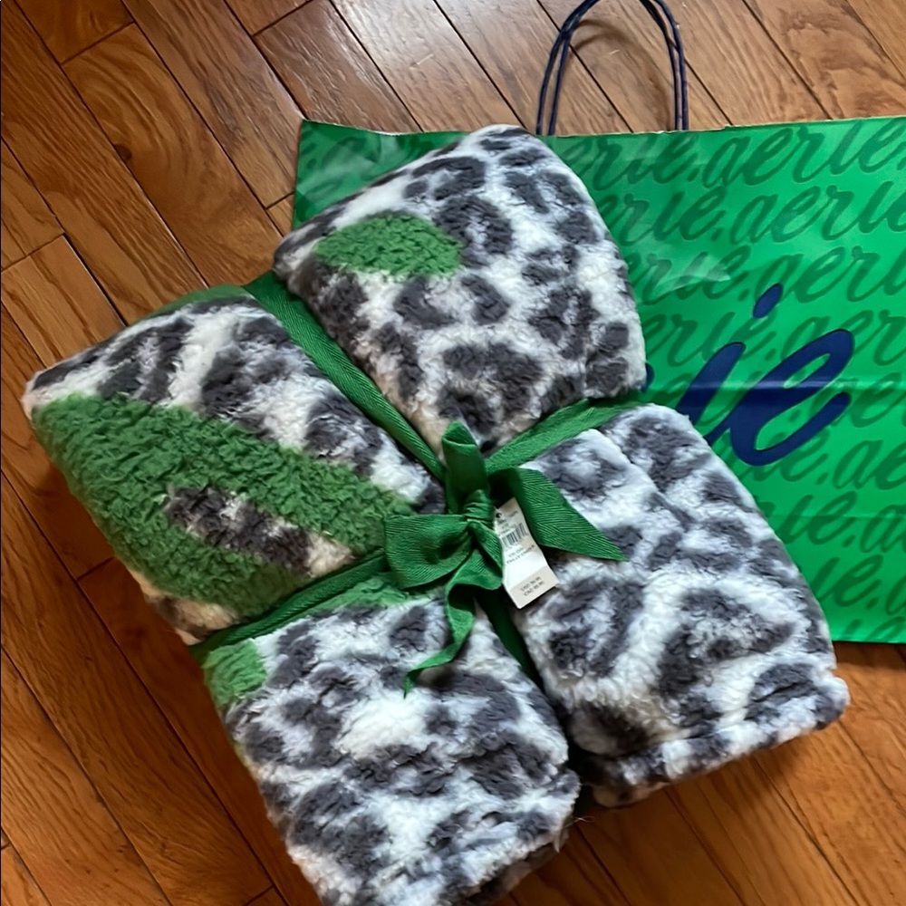 Aerie Green and Gray Leopard Print Blanket